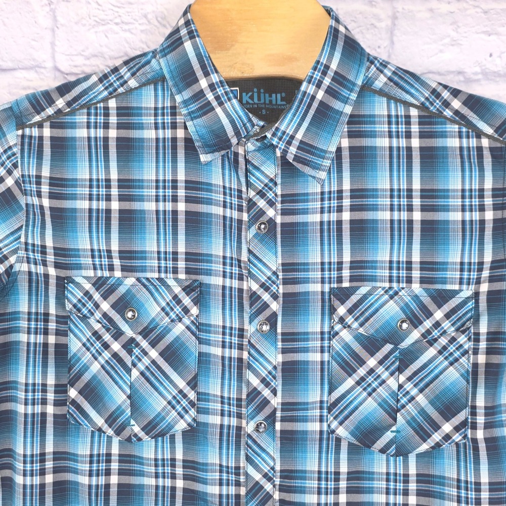 Kuhl Eluxur Shirt Blue Plaid Men Short Sleeve Snap Front Hiking Size Small‎